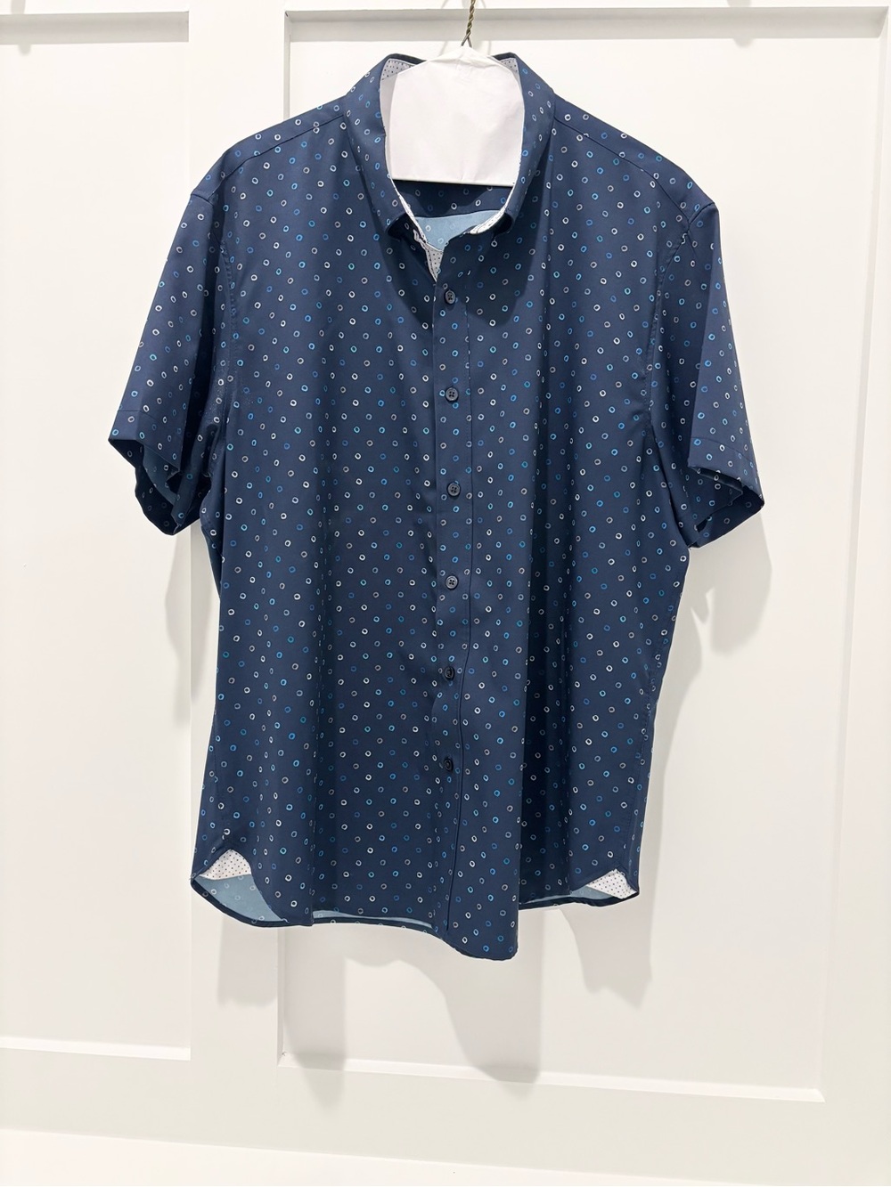 Men's Navy Short-Sleeve Button-Down with Micro Circle Print